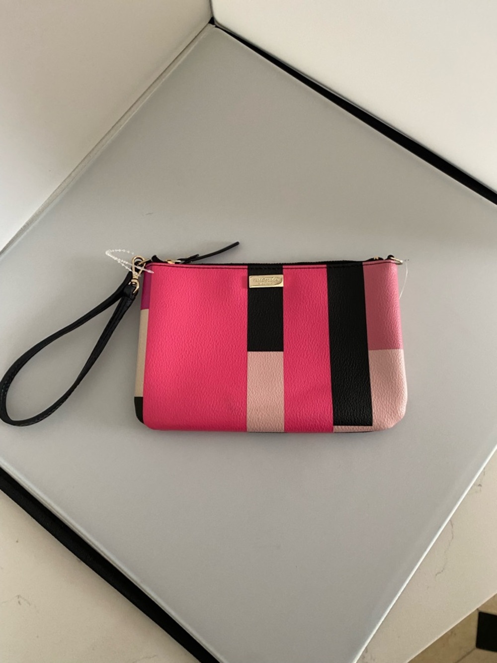 kate spade Pink, Blush & Black Stripe Wristlet with Gold Hardware.